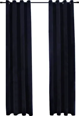 Two dark navy blue curtains hanging from a curtain rod against a white background.