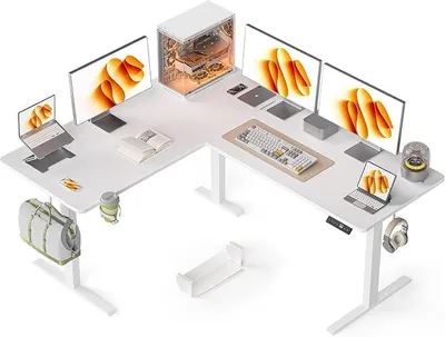 Obrázok produktu pre L-tvarovaný výškovo nastaviteľný písací stôl, elektrický, 160 x 140 cm, rohový písací stôl, výškovo nastaviteľný, stojací/sediaci počítačový stôl s káblovaním, pre kanceláriu, hráčov, biela farba