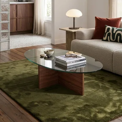Produktbild von Couchtisch 'Viroya' 100 x 60 x 36 cm ovale Tischplatte aus gehärtetem Glas Kreuzgestell Walnussoptik/Grau
