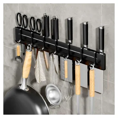 Produktbild von Hakenleiste für die Küche 40 cm mit 7 beweglichen Haken, selbstklebende Küchenleiste für Küchenutensilien, ohne Bohren, schwarzer Aluminium Messerhalter