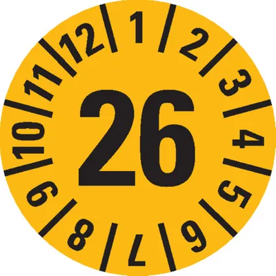 Produktbild von Dreifke® Prüfplakette 26, gelb, Folie, ablösbar, Ø 35mm, 60/Heft
