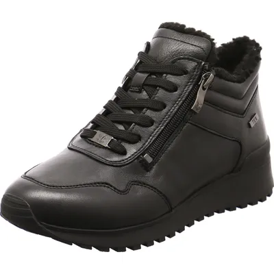 A black leather bootie with laces and a zipper.