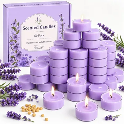Immagine prodotto di Candele profumate alla lavanda, 50 pezzi, durata di combustione di 4 ore, cera di soia, colore viola