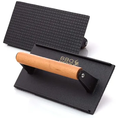 Produktbild von BBQ-Nerd Fleischpresse aus Gusseisen mit Holzgriff - 21x11 cm rechteckig - Fleischbeschwerer Burgereisen Grillpresse - Grillgewicht für BBQ