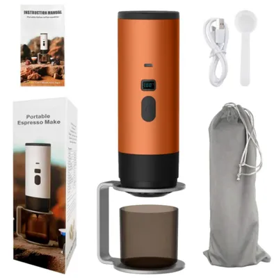 Obrázek produktu pro Přenosný kávovar – espresovač na kapsle – tlak 15 barů – bezdrátový – dobíjecí přes USB – vhodný na cesty – oranžový