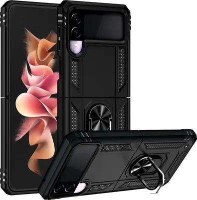 Obrázek produktu pro Pouzdro pro Samsung Galaxy Z Flip 3 5G dvouvrstvé robustní, vojenská ochrana pouzdro s držákem prstenu a stojánkem černé