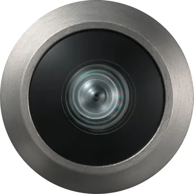 A close-up, front-facing view of a door peephole with a silver-colored metal frame and a black lens.