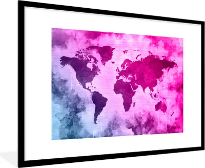 Produktbild von MuchoWow® MuchoWow® Gerahmtes Poster Weltkarte - Blau - Rosa 90x60 cm - Poster mit zchwarzem Bilderrahmen - Wanddekoration - Fotos