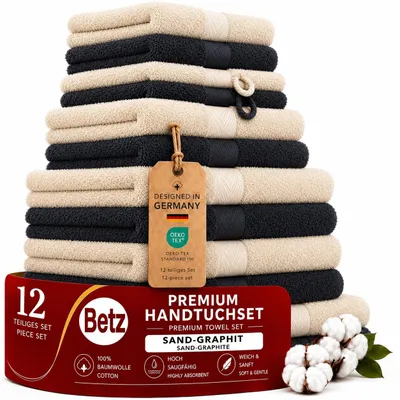 Produktbild von Betz Premium Handtuch-Set 12-teilig – 100% Baumwolle – ®  – hohe Grammatur –Duschtücher, Handtücher, Gästetücher,WH sand / graphit, KI-generiertes Bild