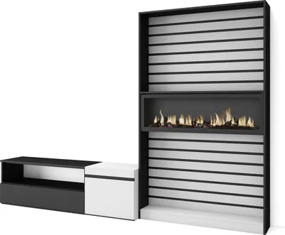Produktbild von Wohnwand Wohnzimmer, 260x35x186cm, Für TV-Geräte bis zu 65", Elektrokamin XXL. Weiß und Schwarz