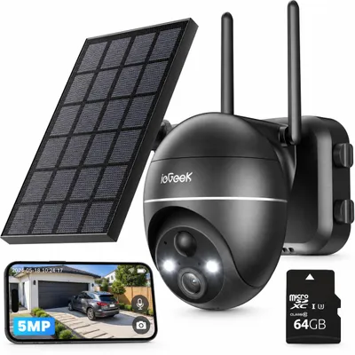 Produktbild von ieGeek 5MP Solar überwachungskamera Außen Akku 64GB SD Karte 355° 120° PTZ WLAN Farbnachtsicht 30M PIR Personenerkennung 2 Wege Audio Alexa IP65