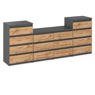 A modern dresser set with multiple drawers.