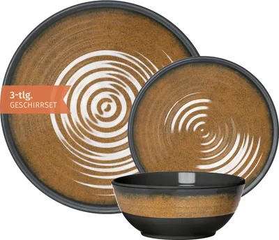 Produktbild von Camping Geschirr Set 1 Person 3-teilig | Melamin | Picknick Geschirrset | Campinggeschirr Stone Curry Design
