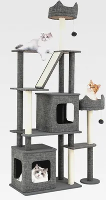 Produktbild von Kratzbaum groß, 180 cm hoch, Katzenbaum mit 2 Höhlen, Plattformen, Katzenbett, Sisalpfosten, Ball & Leiter und Sisalbrett, Katzenkratzbaum Katzen, Katzenhaus Katzenmöbel, Grau