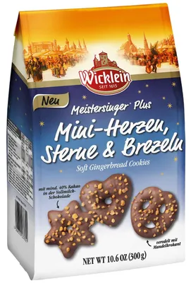 Produktbild von Wicklein Meistersinger Plus Mini-Herzen, Sterne & Brezeln Mandelkrokant Vollmilch-Schokolade 300g