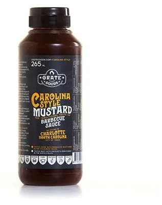 Produktbild von Grate Goods Carolina Mustard, Barbecuesoße, 265 ml, sugar, MUSTARD (33.5%), water, brown sugar, vinegar, salt, spice mixture (paprika, salt, onion,..., Plastikflasche