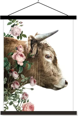 Produktbild von MuchoWow® Textilposter Schottisches Hochlandrind - Kuh - Blumen 90x120 cm mit schwarzem Rahmen - Dekoration