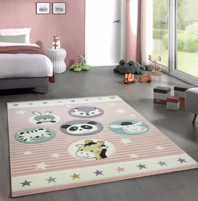 Produktbild von Kinderteppich Spielteppich Babyteppich Panda Hase Giraffe Tiger Waschbär Lamm Größe - 160 cm Rund