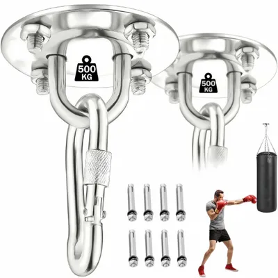 Produktbild von 2er Deckenhaken Hängesessel, Edelstahl Schaukelhaken mit Karabiner & Schwerlastdübel für Hängesessel,Boxsack,Yogatuch, Deckenhalterung bis 500KG