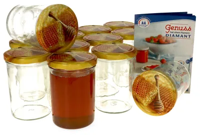Produktbild von 12er Set Einmachglas 435 ml Deckel Honigwabe Rund- Einkochgläser Vorratsglas Gläser Aufbewahrung