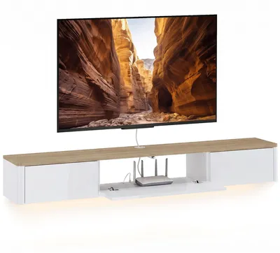 Produktbild von Wandmontierter TV-St?nder fš¹r Fernseher bis zu 65 Zoll mit 2 Schubladen, Schrank, RGB-LED-Beleuchtung, Steckdosen, in Wei? und Holzoptik