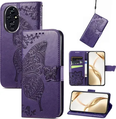 Produktbild von Für Honor 200 Kunstleder Wallet Handy Tasche Schmetterling Design Hülle Etuis Lila