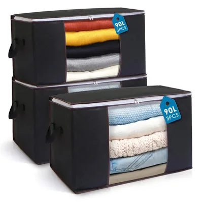 Image de Sac de rangement - 3 pièces, 90 litres. Sacs de rangement pliables pour vêtements et linge de lit - Organisateur pour couettes et vêtements - Noir