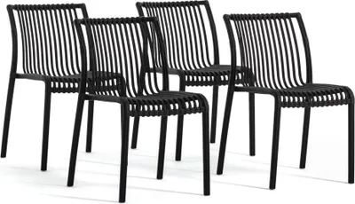 Image de lot de 4 chaises empilables en polypropylène renforcé de fibres de verre pour l'extérieur, le jardin, les bars et les restaurants - design moderne inspiré du bambou - OLIMPIA - Noir