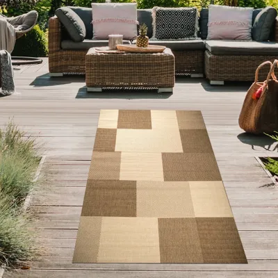 Produktbild von Teppich Modern Flachgewebe Kariert Sisal Optik Küchenteppich Küchenläufer Karo Design Braun Beige Größe - 80 x 150 cm