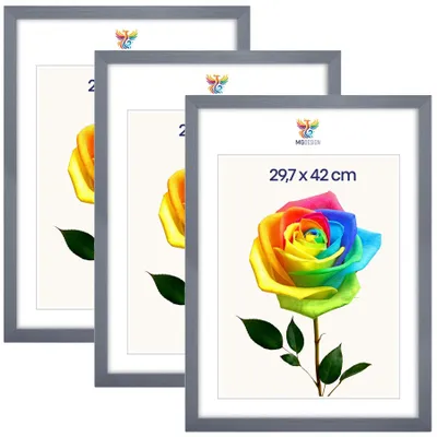 Produktbild von MG Design 3er Set Bilderrahmen Grau A3 29,7x42 cm - Posterrahmen Echtholz mit Acrylglas, stabile Wandaufhängung, hoch/quer