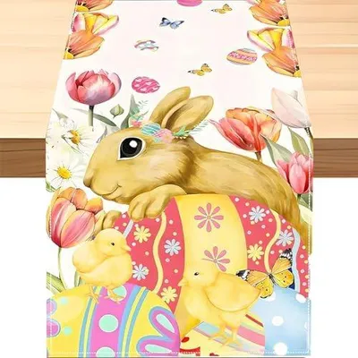 Produktbild von Tischläufer Ostern 180 cm - Moderner Oster Tischläufer mit Hase & Küken, Frühlings Tischdecke für Esstisch, Osterdeko Modern