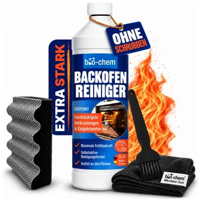 Produktbild von bio-chem Backofenreiniger EXTRA STARK 1000ml Intensivreiniger inkl. Schwamm, Tuch & Pinsel I Selbstarbeitender Fettlöser für Backofen, Herd & Grill | Löst Eingebranntes ohne Aufheizen, Schrubben