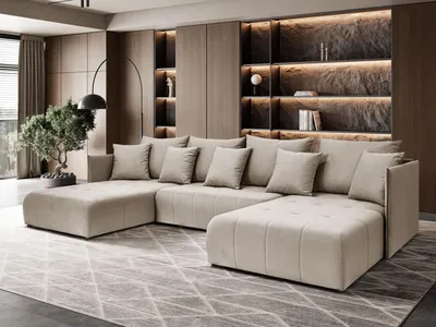 Produktbild von Margaret Hadas24 Ecksofa U Form Hanna 348x188 cm mit Schlaffunktion Bettkasten, Couch, 5 Sitzer Bettzeugablage Big Sofa Eckcouch, Schlafsofa capuccino