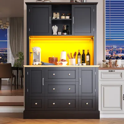 Produktbild von Hochschrank mit App-gesteuerter LED-Beleuchtung 115x40x180cm, 4 Türen und 5 Schubladen, Schwarz mit Holzoptik für Küche und Wohnzimmer