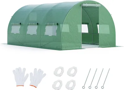 Obrázek produktu pro COSTWAY 12m² skleník 4x3x2m, fóliový skleník s kovovým rámem, 6 rolovacích oken a 2 dveře na zip, zelený skleník