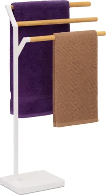 Image de Porte-serviettes Relaxdays, H x l x P : 75 x 38,5 x 18 cm, métal, bambou, 3 barres, porte-serviettes sur pied, salle de bain, blanc/naturel