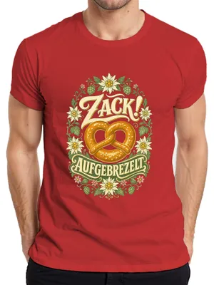 Zdjęcie produktu dla Zack! Obwarzanek, edelweiss, tradycyjny strój bawarski, spodnie skórzane, sukienka, koszulka męska, czerwona, rozmiar 3XL