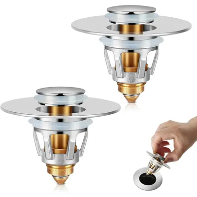 Produktbild von Abflussstopfen, 2-in-1 Magic Abflusssieb, Messing-Druckstopfen mit Ruckkern, universeller Ersatz für Abflussstopfen in Bad und Küche (silber*2)