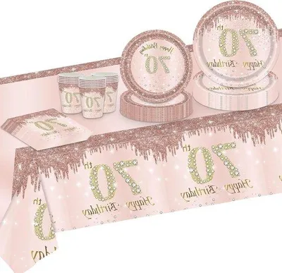 Image de Set de fête rose doré pour femmes - Assiettes, gobelets, serviettes et nappe en papier jetables pour 16 personnes
