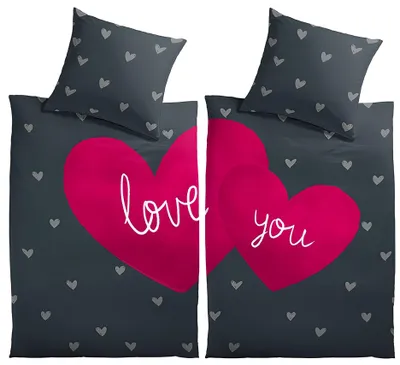 Produktbild von Bettwäsche 135x200 Set mit Herzen Love You Motiv Mikrofaser Schwarz Pink 4 teilig