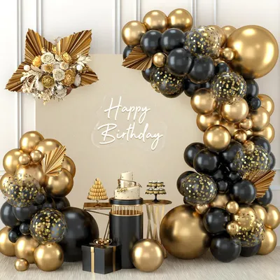 Immagine prodotto di Set di archi per palloncini, 110 pezzi, nero e oro, palloncini in lattice, per decorazioni di feste