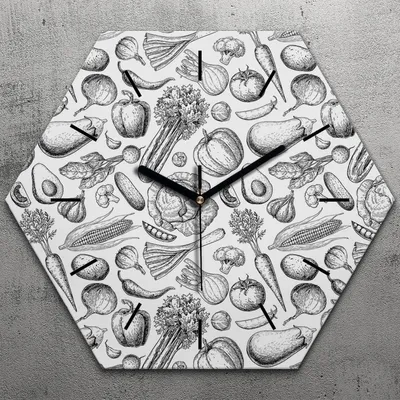 Produktbild von Uhr hexagonal 40 cm Glas Geräuschlos schwarze Zeiger - Gemüse Vegetarisch