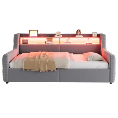 Produktbild von Merax Polsterbett Schlafsofa 90x200cm mit hydraulischem Stauraum und LED-Beleuchtung,Tagesbett mit Ablage und Steckdose,USB/Type-C,Lattenrost,Hellgrau