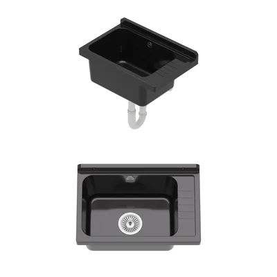 A black sink basin shown from two different angles against a white background.