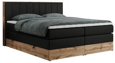 Produktbild von MKS MEBLE King Boxspringbett 160x200 mit Bettkasten Eiche, Polsterbett 160x200 mit Matratze H3, Bett 160x200 mit Rahmen in Wotan Eiche und Kopfteil - Schwarz Kunstleder - Bellissimo King
