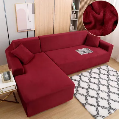 Obrázek produktu pro Pohovka ve tvaru písmene L slipcovers, Stretch tlustý plyšový rohový kryt pohovky s 2 polštářovými kryty pro 3 sedadla + 3 sedadla typu L pohovka, Bordeaux