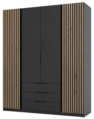 Produktbild von Selsey Kaja - Kleiderschrank 4-türig mit Lamellen & 3 Schubladen, 200 cm, schwarz