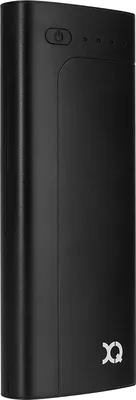 A black power bank is shown in a studio shot against a white background.