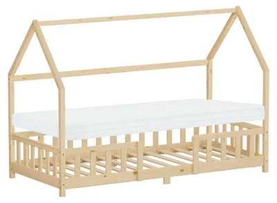 Obrázok produktu pre Detská posteľ ML-Design 90 x 200 cm s matracom, výška 10 cm, ochranná strecha proti vypadnutiu a rošt z prírodného dreva, posteľ Montessori na podlahe, z borovicového dreva, domčeková posteľ pre dievčatá a chlapcov