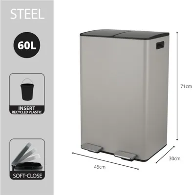 Produktbild von spirella Mülleimer Mülltrennsystem Mülltrennung mit Deckel 60 L (2x30 Liter) mit Inneneimer große Abfallbehälter Abfalleimer Treteimer Edelstahl Taupe